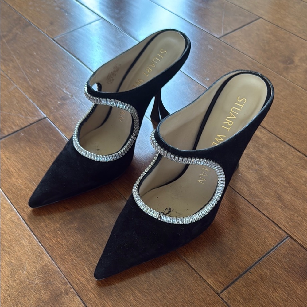 Stuart Weitzman Black Heels with Rhinestone Trim